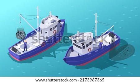 Isometric seiner hunting fish. Concept of industry ship in working process. Commercial and Industrial fishing. Vector graphic illustration