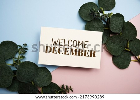 Welcome December text message with green leave on blue and pink background