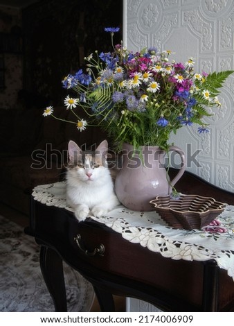 Adorable cat  with a bouquet of wildflowers
