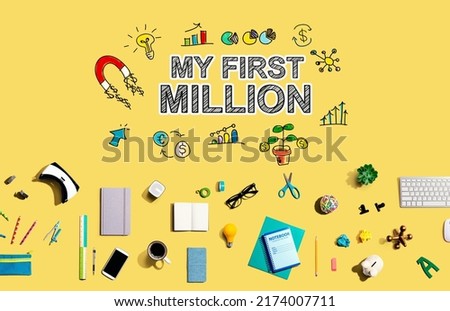 My First Million with collection of electronic gadgets and office supplies