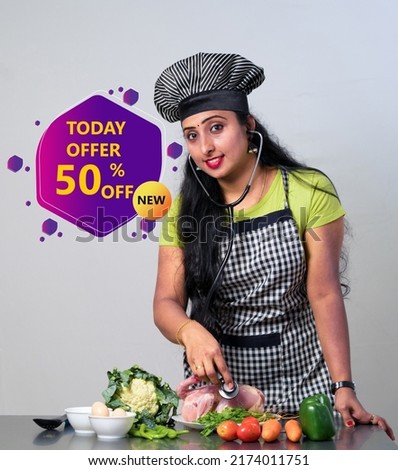 Special offer symbol. Advertising Discounts symbol. young woman chef offering meat and vegitables