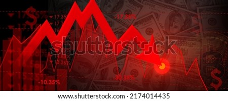 Red Going Down and chart with bitcoin on the Dollars background . Bitcoin on  red arrow down and line charts with extreme price drop. Cryptocurrencies market  Royalty-Free Stock Photo #2174014435