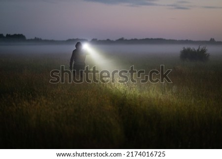 A man walks through a meadow on a foggy evening, shining a flashlight. A slender male silhouette against a foggy meadow in the evening.  Royalty-Free Stock Photo #2174016725