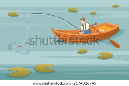 Fishermans sits on wooden boat and fishing with rod vector illustration landspace background