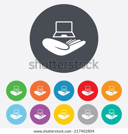 Notebook insurance sign icon. Hand holds pc laptop symbol. Round colourful 11 buttons. Vector