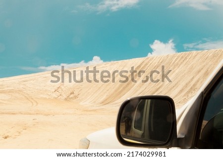 Car ride in the dunes of Jericoacoara on vacation. Tourist point of ceará brazil. Tourist destinations concept. Vacation travel concept. copy space
