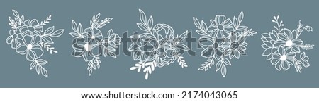 Line art wildflowers bouquets vector illustration set. Outline florals bouquets	
