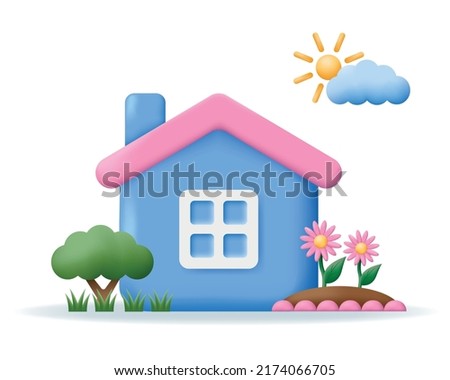 Cute country House with plants and flowers on white background. Minimal 3d Real estate vector illustration.