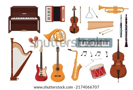 Big Set of musical instruments and notes. Music instrument icons isolated on white background. Vector illustration in flat or cartoon style.