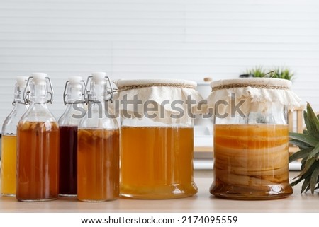 Kombucha tea, Kombucha fermented drink, bacteria and yeast,  fermentation, probiotic, Scoby, mushroom pro biotic, healthy fermented tea Royalty-Free Stock Photo #2174095559
