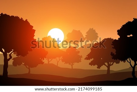 trees silhouette on orange sky sunset