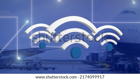 Image of wifi digital icons floating over airport. global online digital interface, communication and interface concept digitally generated image.