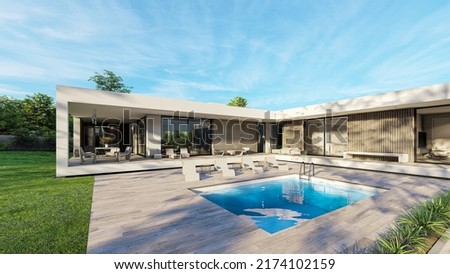 Design house - modern villa with open plan living and private bedroom wing. Large terrace with privacy thanks to the house, swimming pool. Small covered terrace for sauna and relaxation.  Royalty-Free Stock Photo #2174102159