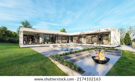 Design house - modern villa with open plan living and private bedroom wing. Large terrace with privacy thanks to the house, swimming pool. Small covered terrace for sauna and relaxation.  Royalty-Free Stock Photo #2174102163