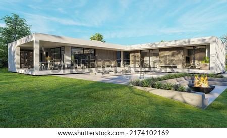 Design house - modern villa with open plan living and private bedroom wing. Large terrace with privacy thanks to the house, swimming pool. Small covered terrace for sauna and relaxation.  Royalty-Free Stock Photo #2174102169
