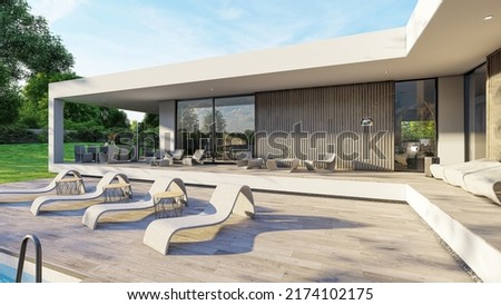 Design house - modern villa with open plan living and private bedroom wing. Large terrace with privacy thanks to the house, swimming pool. Small covered terrace for sauna and relaxation.  Royalty-Free Stock Photo #2174102175