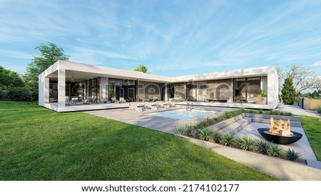 Design house - modern villa with open plan living and private bedroom wing. Large terrace with privacy thanks to the house, swimming pool. Small covered terrace for sauna and relaxation.  Royalty-Free Stock Photo #2174102177
