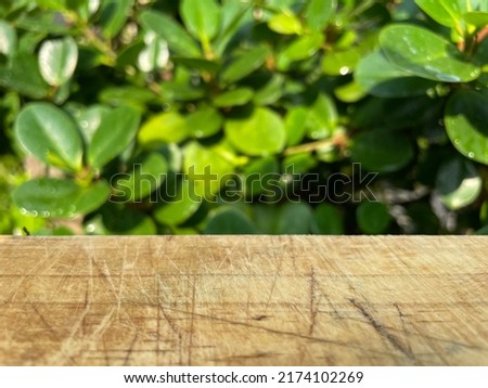 Empty wooden cutting board or table on natural background, Free space for product editing stock photo