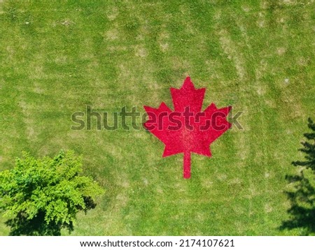 Top view of red painted maple leaf Canadian flag on green lawn grass field at outdoor park to celebrate and happy July 1 national Canada Day. Drone aerial shot and copy space
