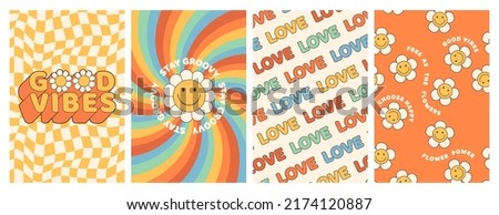 Groovy hippie 70s posters. Funny cartoon flower, rainbow, love, daisy etc. Vector cards in trendy retro psychedelic cartoon style. Vector backgrounds. Stay groovy. Good vibes.