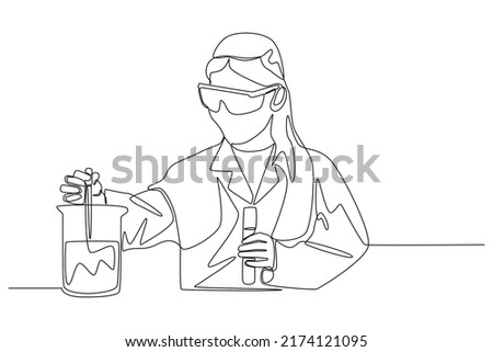 Continuous one line drawing scientific woman with transparent glasses performs tests with liquid in tube. Scientist concept. Single line draw design vector graphic illustration.