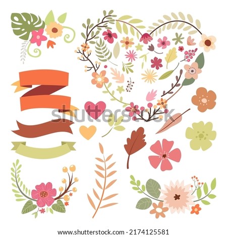 vector illustration of clipart ribbon element with flower and leaf  in cute cartoon style