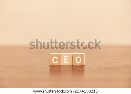 CEO character. Chief executive officer. Chief Executive Officer. Written on three wooden blocks. White letters. Wooden table and white wallpaper background.
