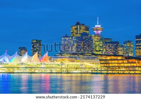 Downtown Vancouver skyline, cityscape of British Columbia in Canada at sunset