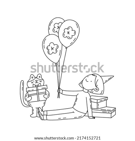 Greeting card with a girl and a cat with balloons and gifts hand drawn outline illustration in doodle style. Black and white concept for world cat day.