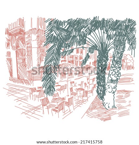 Cafe resort sketch hand drawn, vector illustration