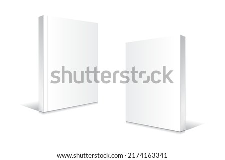 Blank white standing softcover thin books or magazines mockup template. Isolated on white background with shadow. Ready to use for your business. Realistic vector illustration. Royalty-Free Stock Photo #2174163341