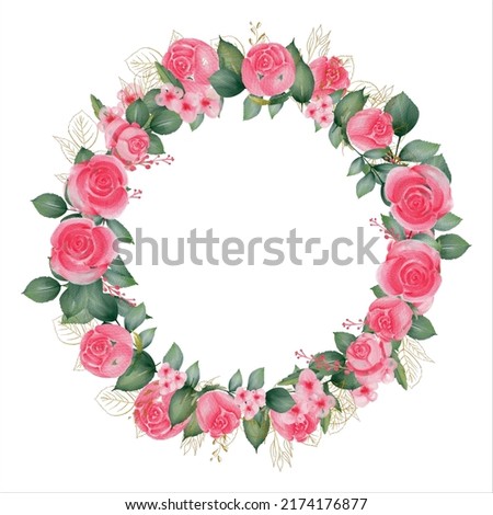 Watercolor floral frame or floral wreath consisting of flowers, leaves and branches. Frame vignette with a bouquet of flowers. Rose crown and Rose arch. Suitable for wedding cards, greeting cards.