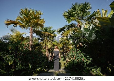 Young caucasian girl with in black dress in palm forest. Enjoying the city on summer vacation in a tropical climate, lifestyle of a girl walking through the beautiful forest