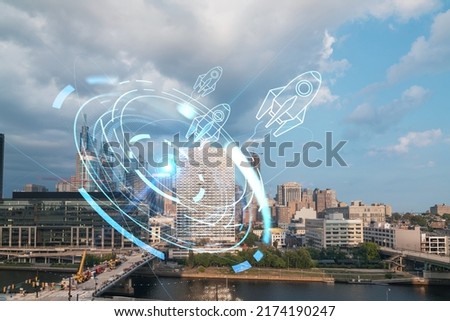 Aerial panorama city view of Philadelphia financial downtown at day time, Pennsylvania, USA. Startup company, launch project to seek, develop and validate scalable business model, hologram