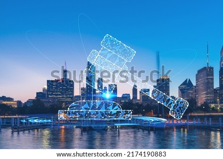 Downtown skyscrapers city view of Chicago, skyline panorama over Lake Michigan, harbor area, sunset, Illinois, USA. Legal icons hologram. The concept of law, order, regulations and digital justice Royalty-Free Stock Photo #2174190883