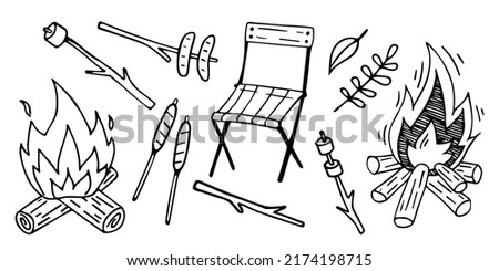 Vector doodle set for picnic. Hand drawn campfire, fried sausages and marshmallow on a stick. Royalty-Free Stock Photo #2174198715