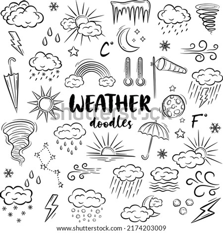 Vector hand drawn weather icons. Set of doodle elements on white background. Vector illustration in vintage style Royalty-Free Stock Photo #2174203009