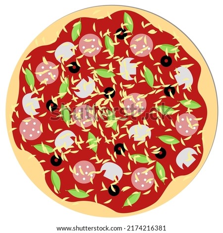 Bitmap image - round fresh pizza with tomato sauce, mushrooms, sausage and olives close-up isolated