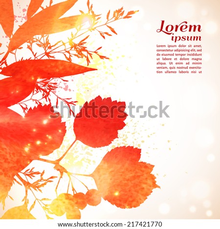 Vector illustration. Bright red autumn watercolor background with element of grass and leaves