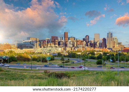 Denver downtown city skyline, cityscape of Colorado in USA at sunset