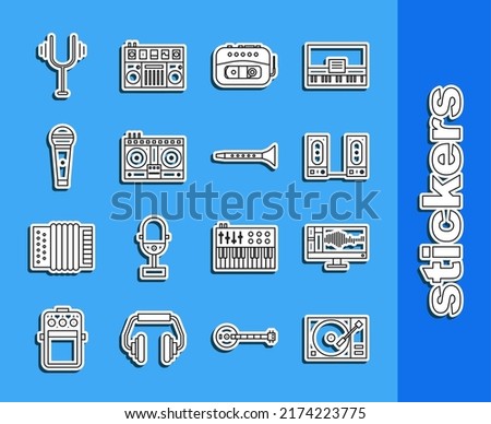 Set line Vinyl player with a vinyl disk, Stereo speaker, Music tape, DJ remote for playing and mixing music, Microphone, Musical tuning fork and Clarinet icon. Vector