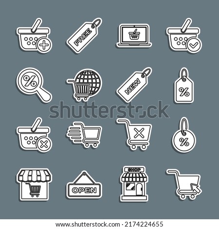 Set line Shopping cart with cursor, Discount percent tag, basket on laptop, globe, Magnifying glass, Add and Price New icon. Vector