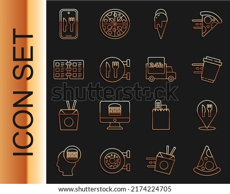 Set line Slice of pizza, Cafe and restaurant location, Coffee cup to go, Ice cream, Restaurant cafe menu, Online ordering delivery and Fast by car icon. Vector