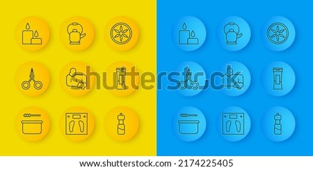 Set line Sauna bucket and ladle, Scissors, Bar of soap with foam, Bottle water, shampoo, Burning candle, Leaf plant nature and Kettle handle icon. Vector