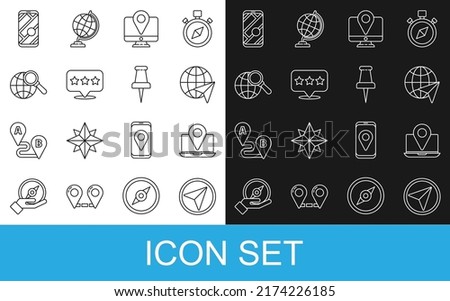Set line Infographic of city map navigation, Laptop with location marker, Globe flying plane, Monitor, Map pointer star, Magnifying glass globe, City and Push pin icon. Vector