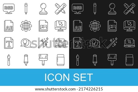 Set line Eraser or rubber, Laptop and cursor, Computer monitor, Stamp, Globe of the Earth gear, AE file document, Speech bubble with RGB CMYK and Picture landscape icon. Vector