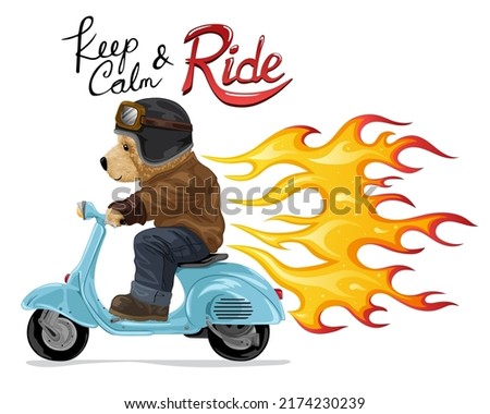Hand drawn vector illustration of teddy bear riding scooter
