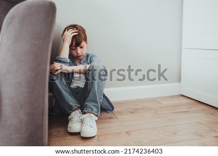 Alone child boy fear stressful depressed emotion. Crying begging help.stop abusing domestic violence, person with health anxiety, people bad frustrated exhausted feeling down Royalty-Free Stock Photo #2174236403