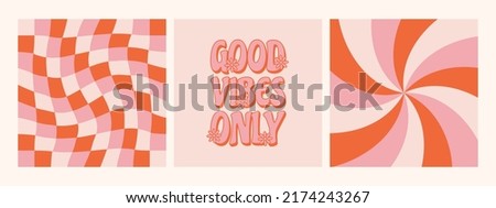 Retro colorful 70's poster collection for t shirt print design and cards. Good vibes only slogan. Vector illustration. Royalty-Free Stock Photo #2174243267