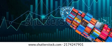 Aerial view container ship with business graph analysis, Global business import export logistic transportation worldwide by container cargo ship vessel, Freight shipping maritime. Royalty-Free Stock Photo #2174247901